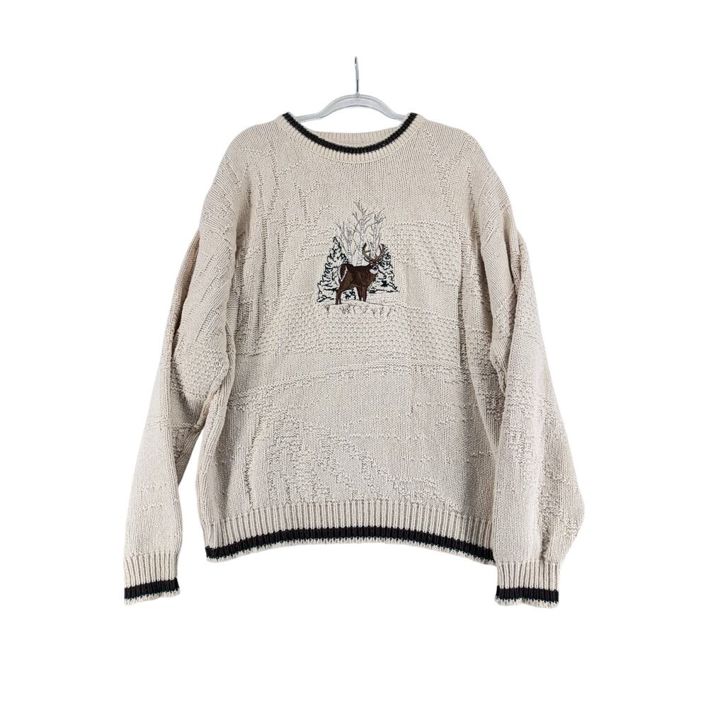 Vintage Fieldmaster Deer Sweater Mens L USA Cotton Knit Cabin Outdoor Winter Co